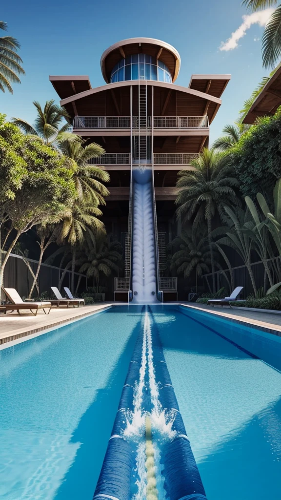 there is a water slide in the middle of a pool, a photorealistic painting by Randy Post, tumblr, fantastic realism, splash house, dreampool rooms, dream pool, in a luxurious pool, swim suite, great masterpiece, tropical pool, pool tubes, indoor pool, pools and streams, wonderful masterpiece, majestic masterpiece, swimming pool, a pool inside the giant palace
