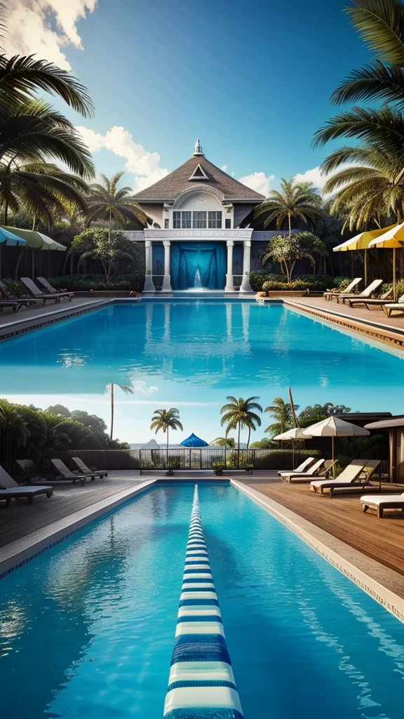 there is a water slide in the middle of a pool, a photorealistic painting by Randy Post, tumblr, fantastic realism, splash house, dreampool rooms, dream pool, in a luxurious pool, swim suite, great masterpiece, tropical pool, pool tubes, indoor pool, pools and streams, wonderful masterpiece, majestic masterpiece, swimming pool, a pool inside the giant palace