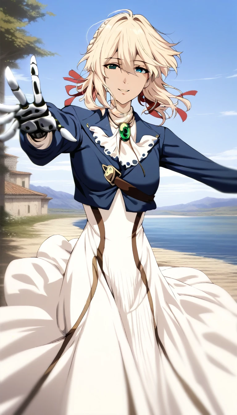 masterpiece, best quality, very aesthetic, absurdres, aave, braid, hair ribbon, red ribbon, jewelry, white ascot, brooch, blue jacket, long sleeves, mechanical hands, white dress, long dress, reaching out, outstretched arm, wind, smile, standing, cowboy shot, outdoors, looking at viewer,
