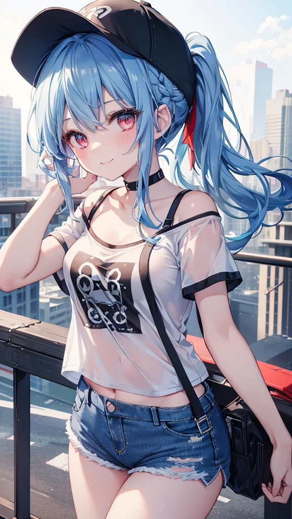 (8k、Best image quality、highest quality、masterpiece)、Detailed face、 One girl、Blue Hair、Long Hair、ponytail、Black Baseball Cap、Red eyes、smile、Moderate breasts、((White T-shirt))、Off the shoulder、Black shoulder straps、((denim short shorts))、Cowboy Shot、Shoot from above、City Background