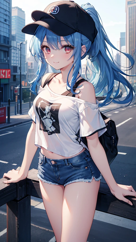 (8k、Best image quality、highest quality、masterpiece)、Detailed face、 One girl、Blue Hair、Long Hair、ponytail、Black Baseball Cap、Red eyes、smile、Moderate breasts、((White T-shirt))、Off the shoulder、Black shoulder straps、((denim short shorts))、Cowboy Shot、Shoot from above、City Background