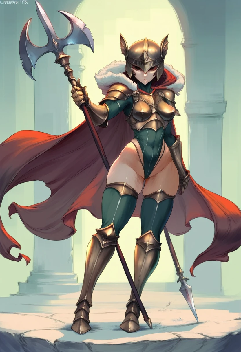 Cutesexyrobutts style, weapon, armor, thighhighs, helmet, 1girl, polearm, long_hair, red_eyes, gauntlets, cape, holding, solo_focus, leotard, holding_weapon, sword, spear, fur_trim