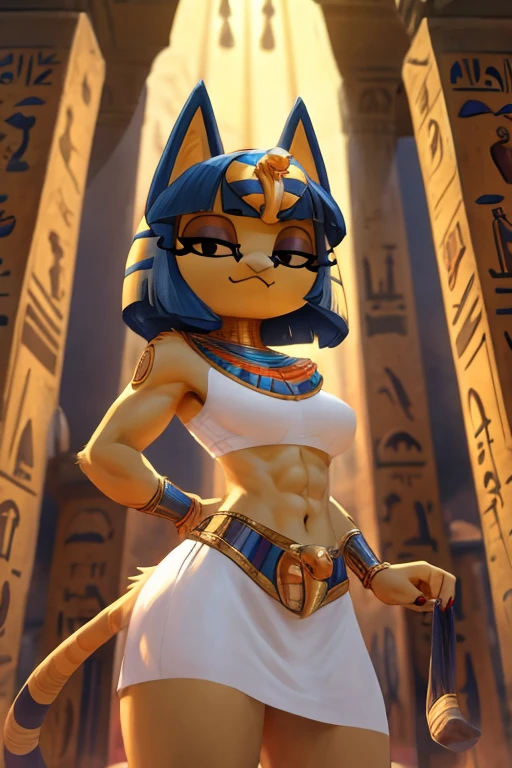 ((best quality)), ((masterpiece)), ((detailed)), ((furry)), trending on artstation, furry style, anthro style, a digital sideview artwork of a sexy ankha with abs wearing a crop top of her sleeveless white dress with very long white dress skirt, a bare midriff, a bare navel, and an exposed belly button, Egyptian setting, smug face, blue Egyptian blue handbands