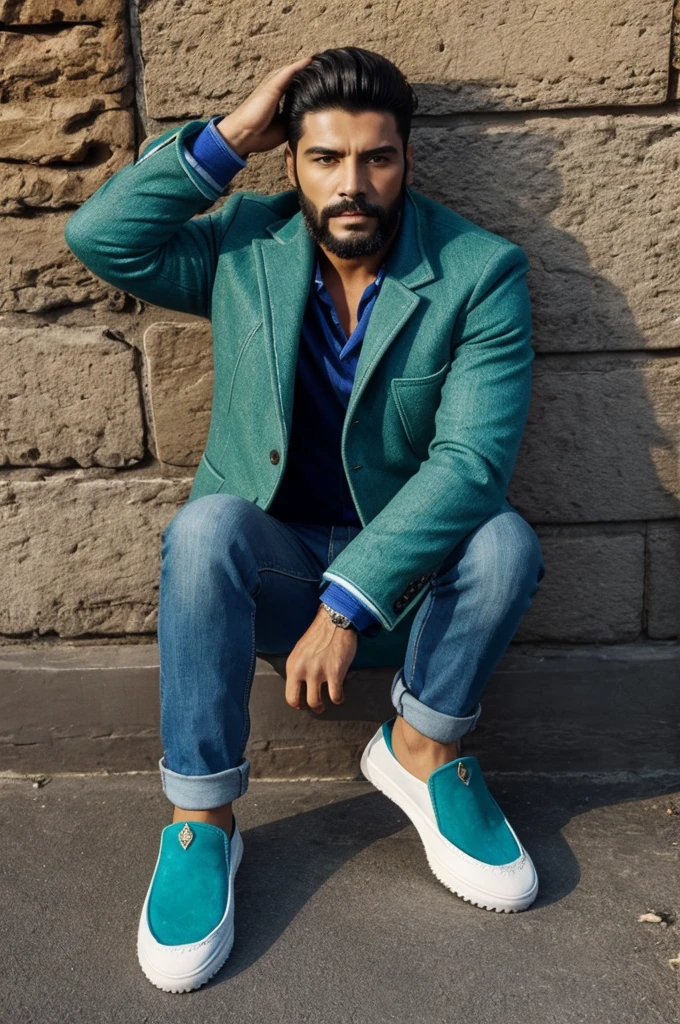 esqueleto, con un ojo azul , chamarra azul y unas pantuflas verdes