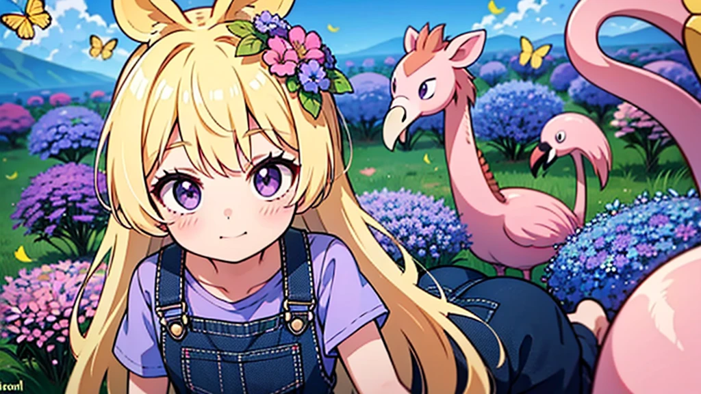 Girl with Purple Shirt, BLACK Overalls, Purple Eyes, Blonde Hair, Flower Crown on Head with Purple, Blue Flowers & Giraffe, Flamingo, 7 Butterflies in background