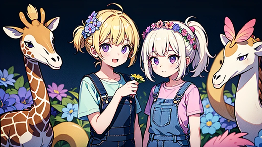 Girl with Purple Shirt, BLACK Overalls, Purple Eyes, Blonde Hair, Flower Crown on Head with Purple, Blue Flowers & Giraffe, Flamingo, 7 Butterflies in background