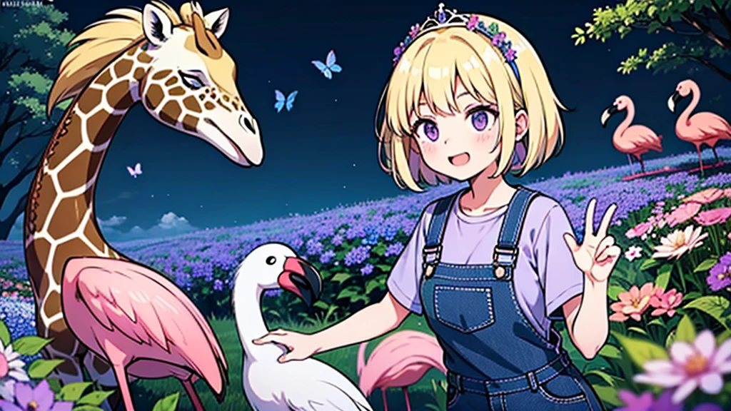 Girl with Purple Shirt, BLACK Overalls, Purple Eyes, Blonde Hair, Flower Crown on Head with Purple, Blue Flowers & Giraffe, Flamingo, 7 Butterflies in background 