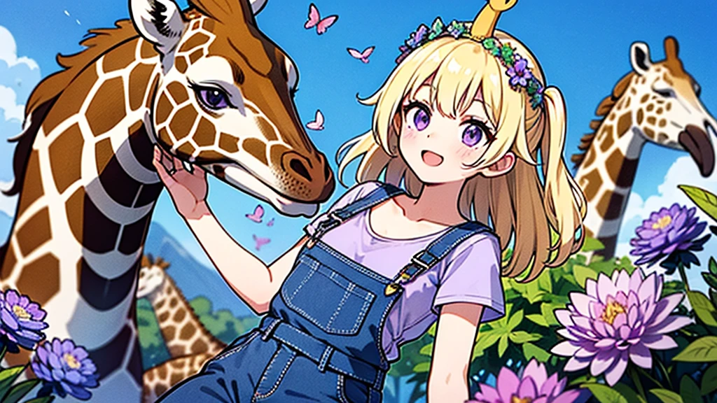 Girl with Purple Shirt, BLACK Overalls, Purple Eyes, Blonde Hair, Flower Crown on Head with Purple, Blue Flowers & Giraffe, Flamingo, 7 Butterflies in background