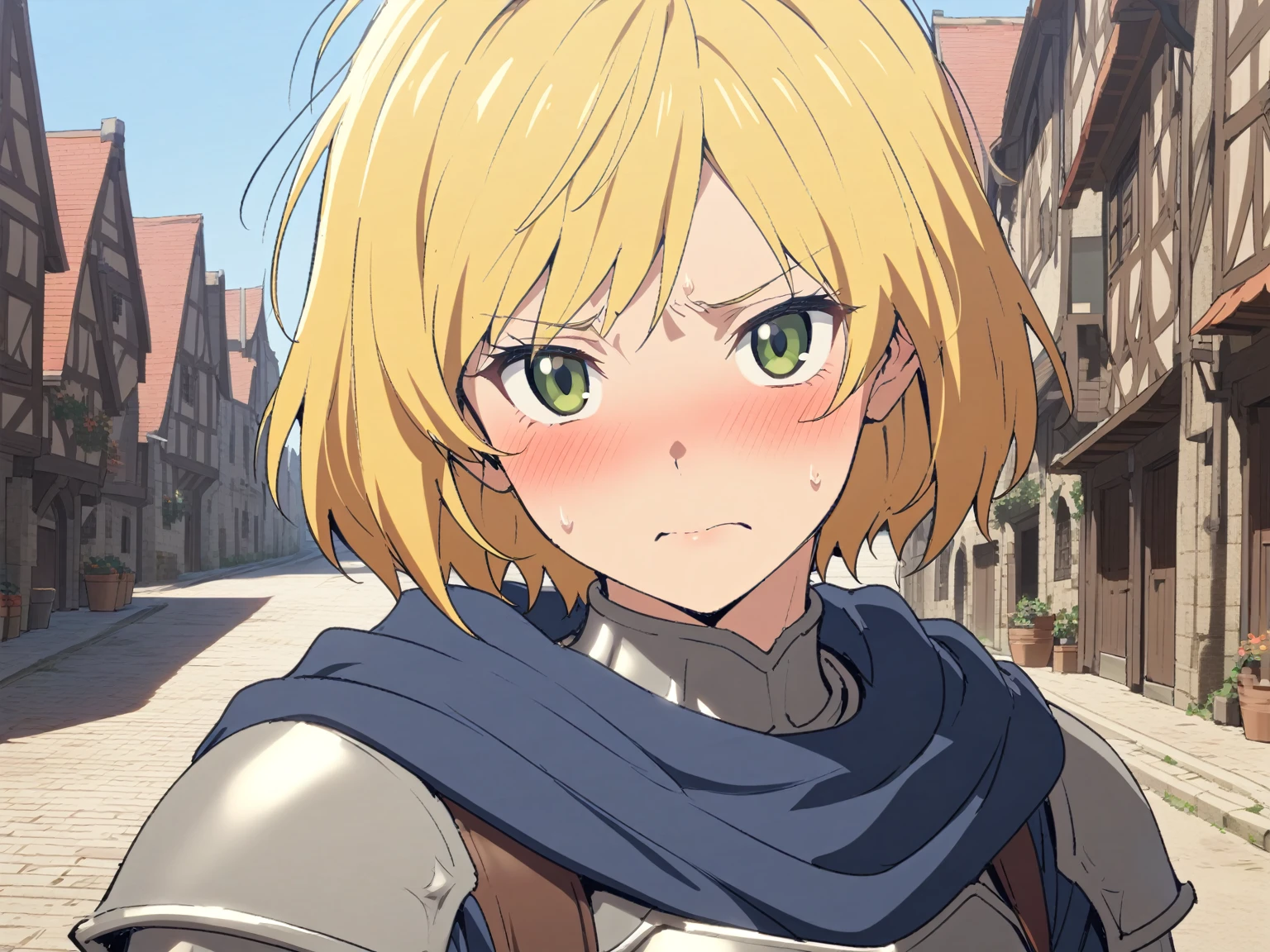 {{upper body, face focus, pov, from side}} {{Artist: Sincos}} 1girl, solo, muscular female, mature female, androgynous, tomboy, embarrassed, flustered, blonde hair, very short hair, bob cut, green eyes,plate armor, flat chest, blue cloth, blue cloak, leather belt, looking to side, looking at viewer, closed mouth, in town, day, beautiful, medieval fantasy.