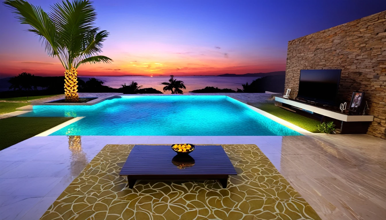 ((Beautiful Clouds))Designer lighting in front、There is a sofa and a coffee cup on the table、There is a waterfall nearby、Sunset and sea in the distance,(High-quality poolside flooring),There is a wall-mounted TV、Screen 70%The sea,4K,Ultra HD,Extravagant space,Ambient indirect lighting,Palm tree,rich,rich,VIP,VIP、There is a Monstera potted plant.