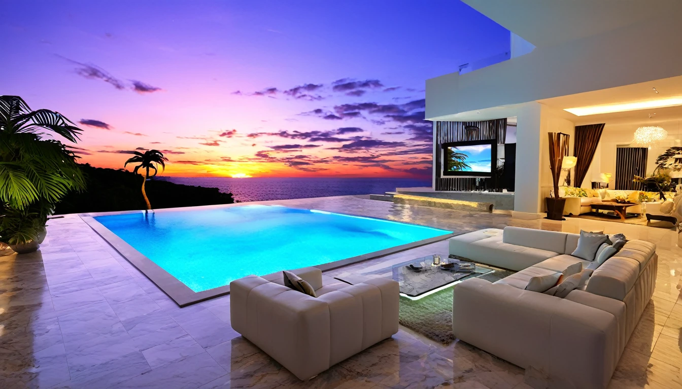 ((Beautiful Clouds))Designer lighting in front、There is a sofa and a coffee cup on the table、There is a waterfall nearby、Sunset and sea in the distance,(High-quality poolside flooring),There is a wall-mounted TV、Screen 70%The sea,4K,Ultra HD,Extravagant space,Ambient indirect lighting,Palm tree,rich,rich,VIP,VIP、There is a Monstera potted plant.