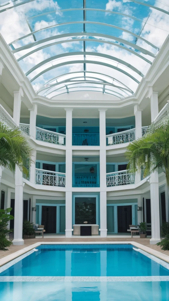 there is a water slide in the middle of a pool, a photorealistic painting by Randy Post, tumblr, fantastic realism, splash house, dreampool rooms, dream pool, in a luxurious pool, swim suite, great masterpiece, tropical pool, pool tubes, indoor pool, pools and streams, wonderful masterpiece, majestic masterpiece, swimming pool, a pool inside the giant palace