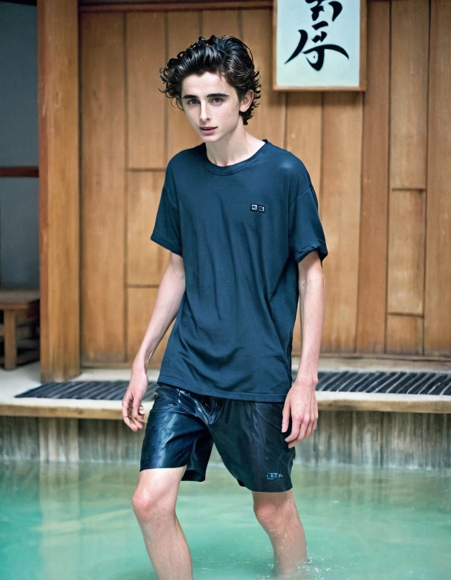 Timothée Chalamet, sweaty teen boy, in water, in japanese onsen, no clothing, far from camera, whole body, braces, age 19, wavy tiktok hair, boxer, bare feet, wearing no t-shirt topless, japanese onsen temple, short fine armpit hair, flexing, veiny arms, cute, tall, lean, not muscular, wispy pubes, muscular teen boy masterpiece, high resolution, feet visible, no shoes, very dirty feet, skinny, tall, foot fetish, tall boy, teen boy, braces, best quality, sticky armpit hair, sticky, glue on floor, wet floor, sticky clothes, drops on underwear, drops on shorts, sticky on shorts, drops on floor, sweaty face, sweaty hair, Dune by Herbert, Science fiction