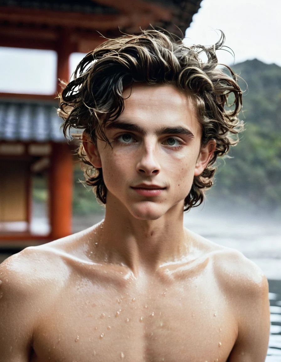 Timothée Chalamet, sweaty  boy, in water, in japanese onsen, no clothing, far from camera, whole body, braces, age 19, wavy tiktok hair, boxer, bare feet, wearing no t-shirt topless, japanese onsen temple, short fine armpit hair, flexing, veiny arms, cute, tall, lean, not muscular, wispy pubes, muscular teen boy masterpiece, high resolution, feet visible, no shoes, very dirty feet, skinny, tall, foot fetish, tall boy, teen, braces, best quality, sticky armpit hair, sticky, glue on floor, wet floor, sticky clothes, drops on underwear, drops on shorts, sticky on shorts, drops on floor, sweaty face, sweaty hair, Dune by Herbert, Science fiction