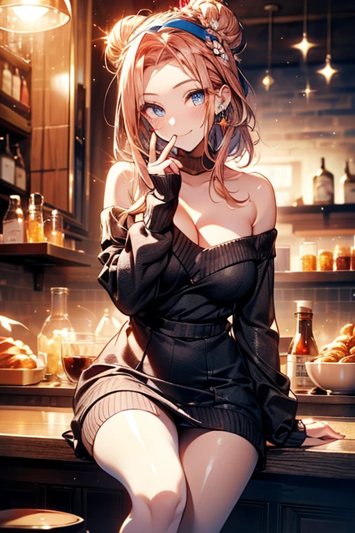 (((Masterpiece))),(((Super Detail))),(((in 8K))),(((best composition))),(((Rim lighting,Fireglow effect,deep shadow))),solo),Beautiful fingers,Detailed finger features,(Detailed hair features:1.7),(Dynamic and sexy bending pose:1.3),detailed facial features,detailed clothes features, (perky chest:1.1), (pointed chest:1.3), delicate beautiful face, Bright blue eyes, cute eyes, sparkling eyes, Big eyes, beautiful detailed eyes,double bun with glittering hair ornament:0.6,(super detailed glossy skin:1.3),slender body,goddess smile,((with sparkling eyes and a contagious smile)),beautiful posture,have a cup of coffee,black hair, red eyes, dress, bare shoulders, jewelry, collarbone, sidelocks, hairband, earrings, indoors, off shoulder, sweater, arms behind back, plant, short hair with long locks, white hairband, off-shoulder dress, sweater dress, off-shoulder sweater, red sweater, big side hair, very long side hair,(super delicate floral pattern:1.2),seductive cleavage:1.3,beautiful glossy legs,shiny red high heels,lifting dishes with cakesd,french restaurant,hustle and bustle,rising steam,(((depth of fields)))