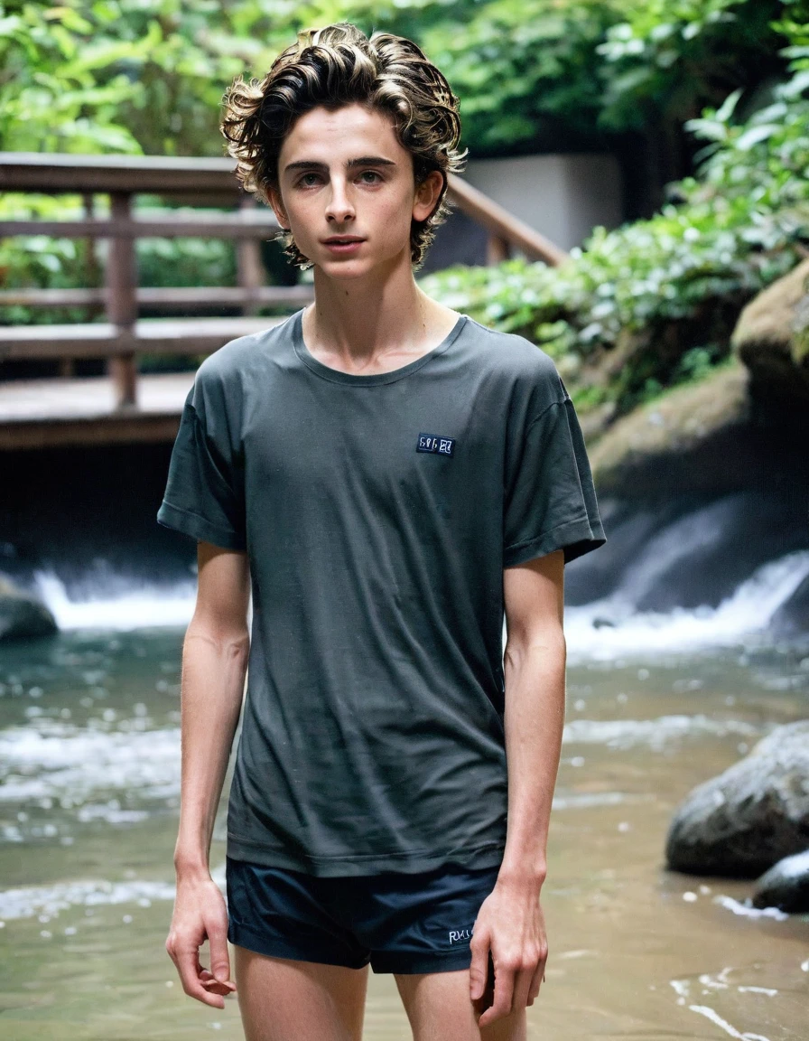 Timothée Chalamet, sweaty teen boy, in water, in japanese onsen, no clothing, far from camera, whole body, braces, age 19, wavy tiktok hair, boxer, bare feet, wearing no t-shirt topless, japanese onsen temple, short fine armpit hair, flexing, veiny arms, cute, tall, lean, not muscular, wispy pubes, muscular teen boy masterpiece, high resolution, feet visible, no shoes, very dirty feet, skinny, tall, foot fetish, tall boy, teen boy, braces, best quality, sticky armpit hair, sticky, glue on floor, wet floor, sticky clothes, drops on underwear, drops on shorts, sticky on shorts, drops on floor, sweaty face, sweaty hair, Dune by Herbert, Science fiction