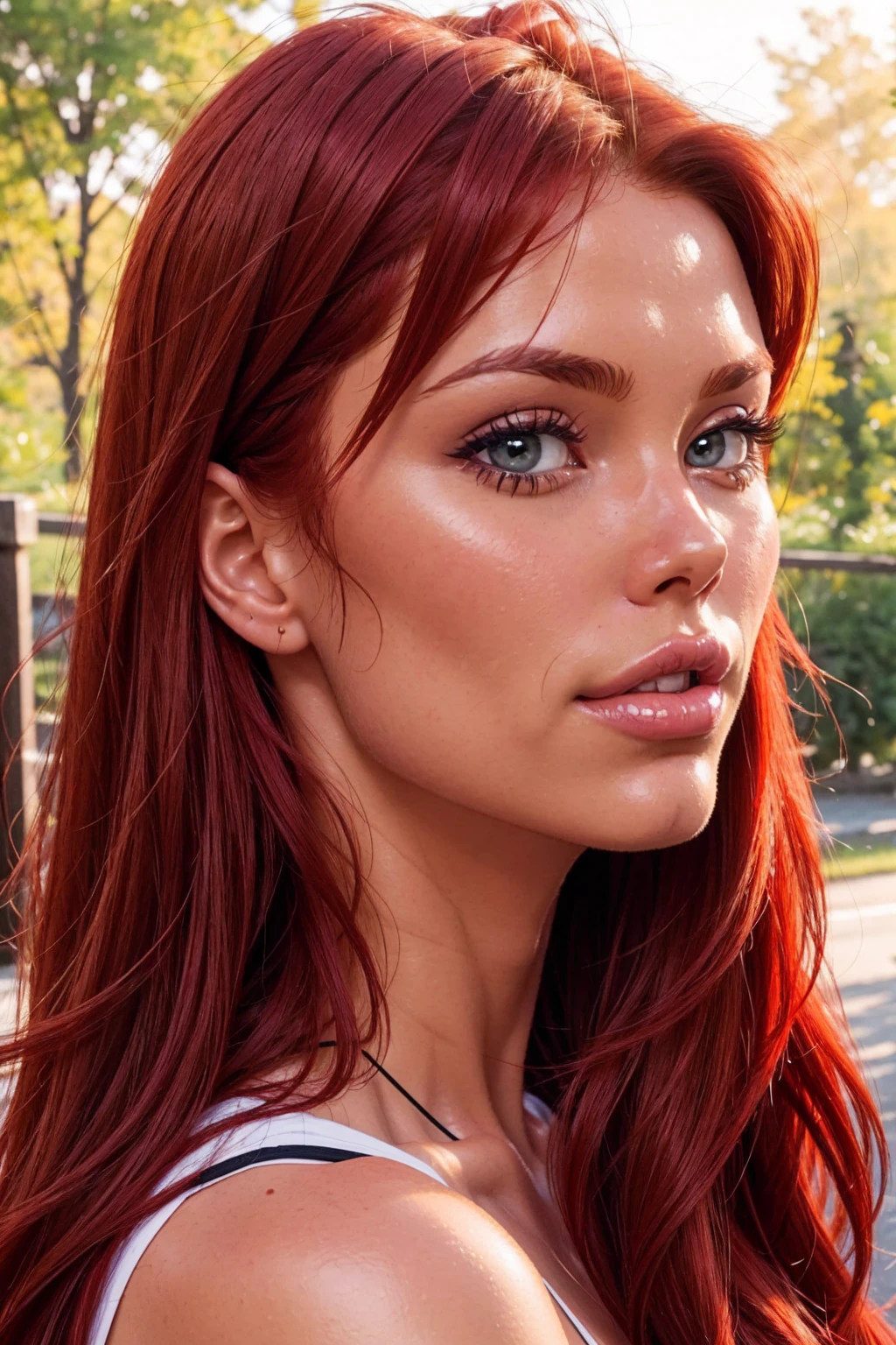 red-haired woman, sun