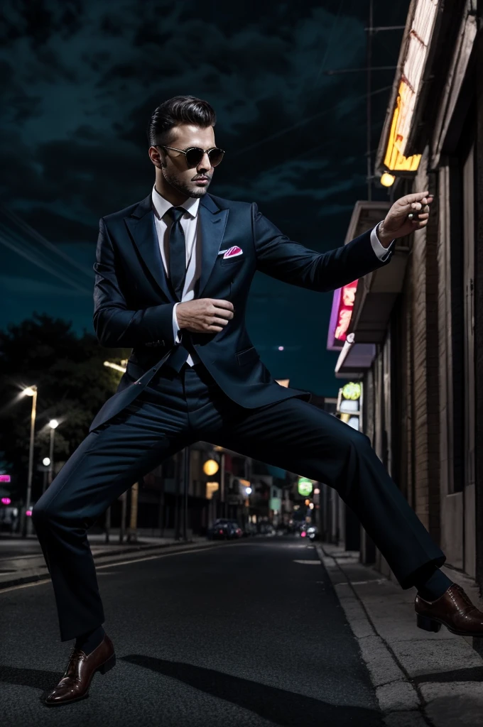 a stock foto image of a elegant man in a street. the street is very luxury, the sky is dramatic and of neon colors. full body shot