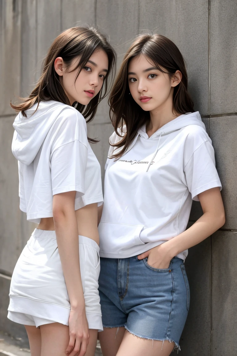 deux femmes ensemble de 18 ans sexy et mince qui se touche , white short sleeve hoodie , classrom 