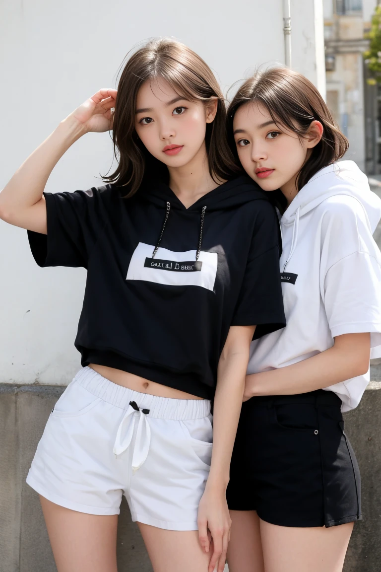 deux femmes ensemble de 18 ans sexy et mince qui se touche , white short sleeve hoodie , classrom