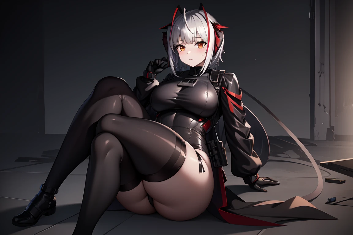 1girl, w_arknights, black bodysuit with blue parts, ancient space ruins, hi-tech armor pieces, face, fat legs, see through clothes, side boob