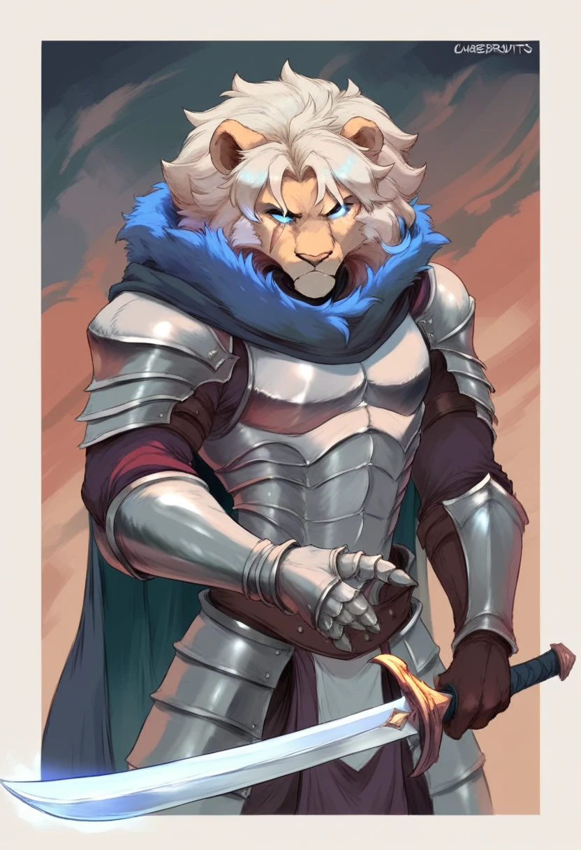 cutesexyrobutts style, 1boy, weapon, male_focus, sword, white_hair, holding, short_hair, blue_eyes, scar, holding_weapon, scar_on_face, gloves, glowing, cape, armor, looking_at_viewer, holding_sword, closed_mouth, fur_trim, scar_across_eye, glowing_eyes, border, lion, teeth, animal, solo