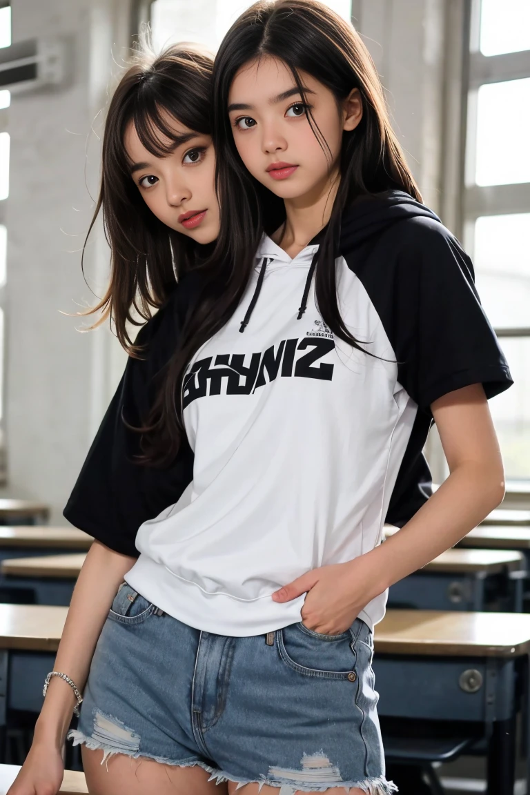 deux femmes ensemble de 18 ans sexy et mince qui se touche , black short sleeve hoodie , dans une salle de classe 