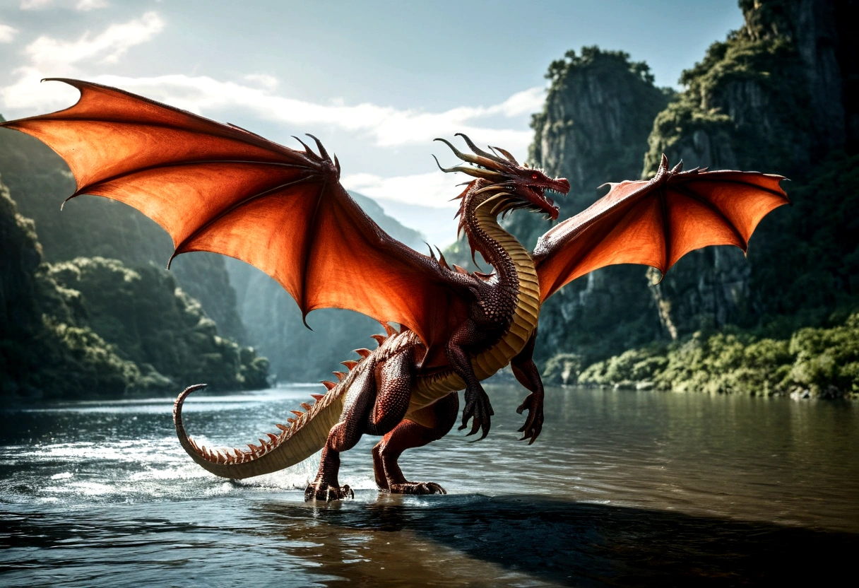 ((picture taken from the back of dragon: 1.5)), arafed, a picture of a dragon flying above a river, its shadow is cast on the water dragon wings spread wide, dynamic color dragon, you see the back of the dragon, its majestic wings, its tail and river it is flying above,  the shadow of dragon in the river, , Wide-Angle, Ultra-Wide Angle, dynamic light, Cinematic Hollywood Film style