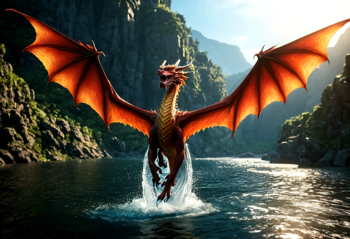 ((picture taken from the back of dragon: 1.5)), arafed, a picture of a dragon flying above a river, its shadow is cast on the water dragon wings spread wide, dynamic color dragon, you see the back of the dragon, its majestic wings, its tail and river it is flying above,  the shadow of dragon in the river, , Wide-Angle, Ultra-Wide Angle, dynamic light, Cinematic Hollywood Film style