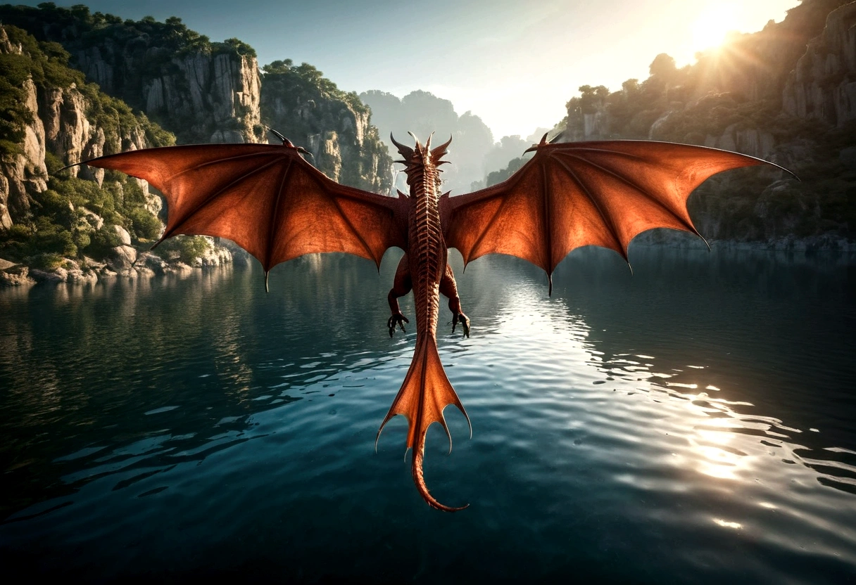 ((picture taken from the back of dragon: 1.5)), arafed, a picture of a dragon flying above a river, its shadow is cast on the water dragon wings spread wide, dynamic color dragon, you see the back of the dragon, its majestic wings, its tail and river it is flying above, the shadow of dragon in the river, , Wide-Angle, Ultra-Wide Angle, dynamic light, Cinematic Hollywood Film style