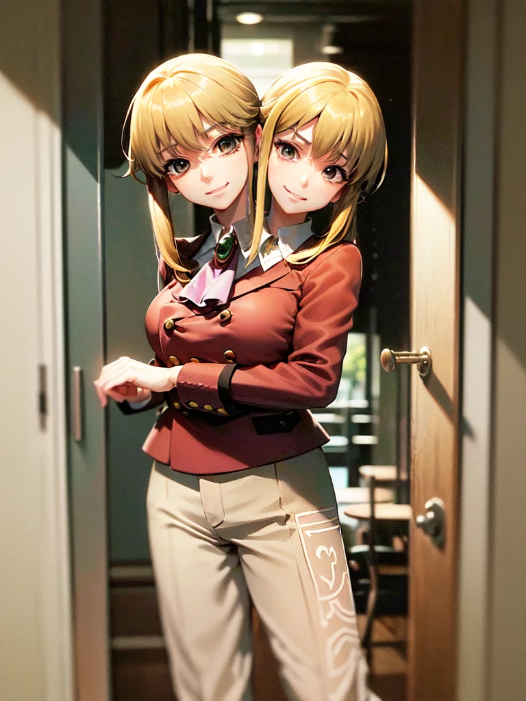  (2heads:1.6), (masterpiece, best quality:1.2), cowboy shot, solo, male focus, 1boy, (ushiromiya lion:1.1), androgynous, smile, closed mouth, looking at viewer, arms at side, ponytail, formal, suit, ascot,