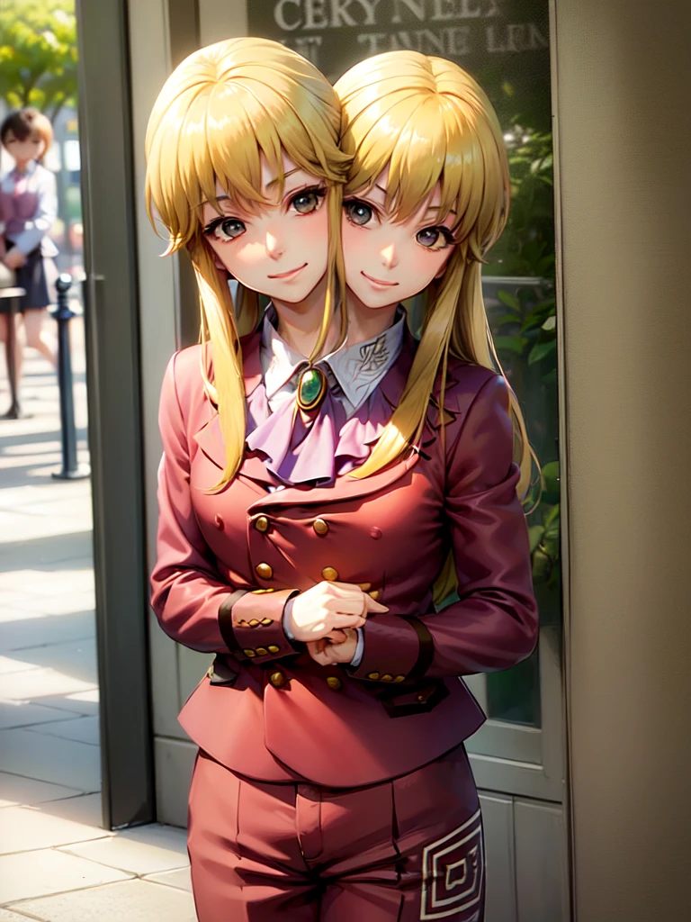 (2heads:1.6), (masterpiece, best quality:1.2), cowboy shot, solo, male focus, 1boy, (ushiromiya lion:1.1), androgynous, smile, closed mouth, looking at viewer, arms at side, ponytail, formal, suit, ascot,