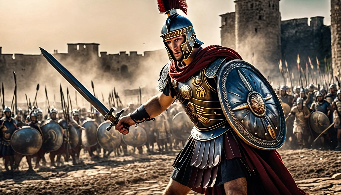 An awe-inspiring cinematic photo of a 27-year-old young man dressed as a Roman soldier, embodying the ancient Roman Empire. His intricate metallic armor glints in the sunlight, adorned with symbols of Roman power and victory. The soldier's face is etched with terror as he grips his sword and shield with fierce determination, engaged in a duel against a fierce enemy. The background depicts a chaotic battle with Gauls, revealing a distant city and the emblem of the 15th Legion of the Roman Army. The atmosphere is rich with historical authenticity, intense drama, and the weight of life-or-death stakes., photo, cinematic