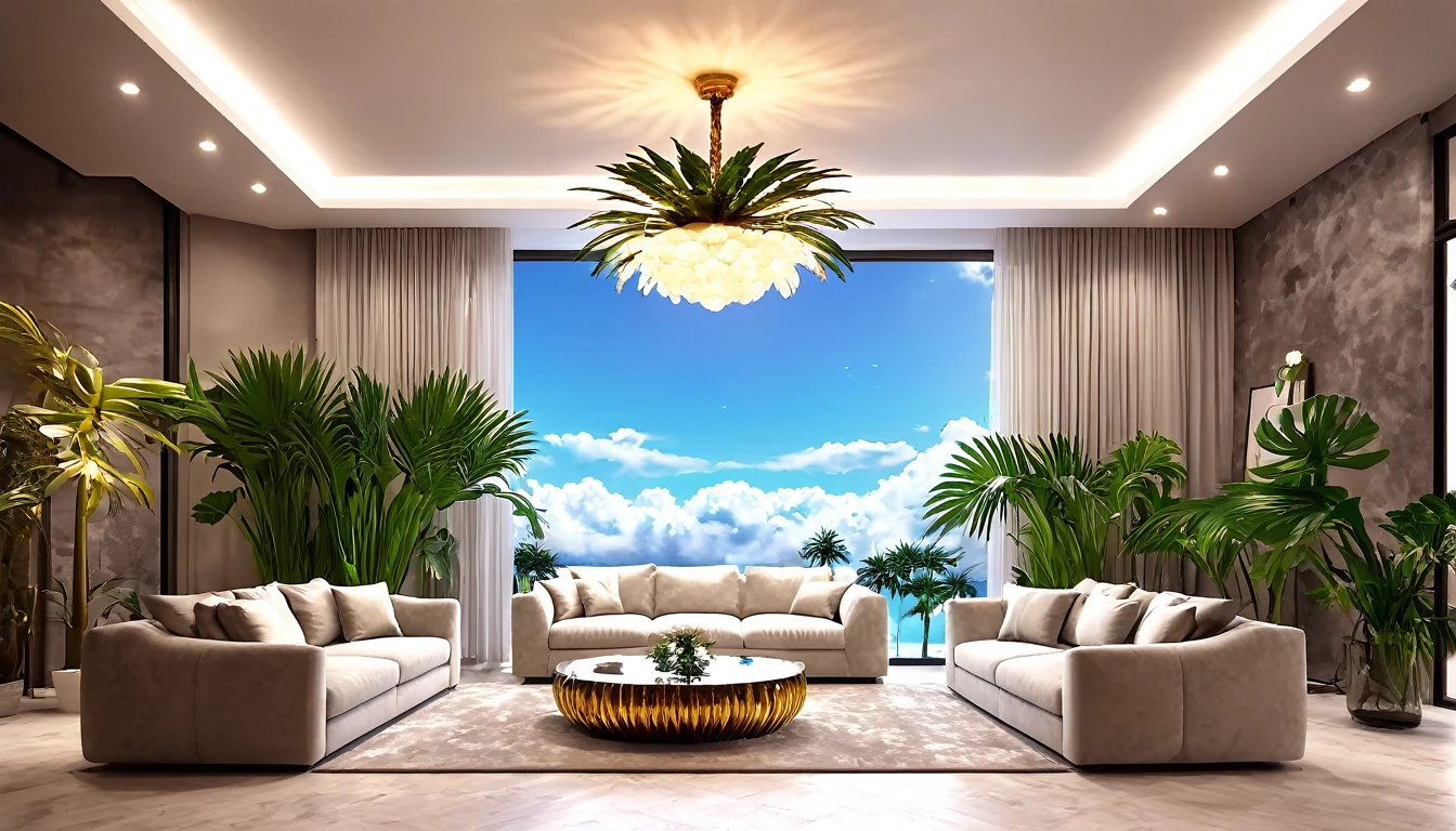 ((Beautiful Clouds))Designer lighting in front、There is a sofa and a coffee cup on the table,4K,Ultra HD,Extravagant space,Ambient indirect lighting,Palm tree,rich,rich,VIP,VIP、There is a Monstera potted plant.