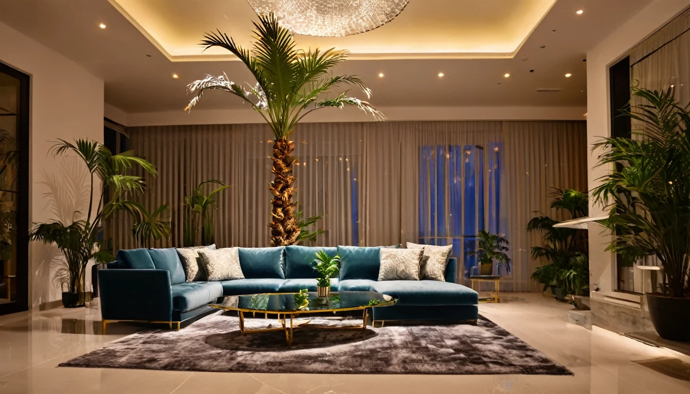 ((Beautiful Clouds))Designer lighting in front、There is a sofa and a coffee cup on the table,4K,Ultra HD,Extravagant space,Ambient indirect lighting,Palm tree,rich,rich,VIP,VIP、There is a Monstera potted plant.