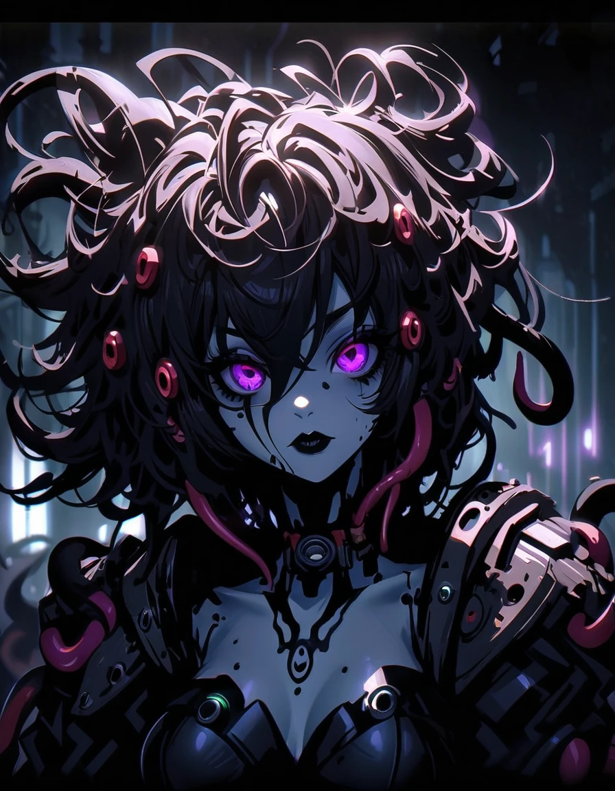(dark biopunk art), (tentacle biopunk atmosphere), (biopunk girl), goth girl, pale skin, (long dark hair), messy hair, black lipstick, (dark lighting), many shadows, cold lights, biopunk art