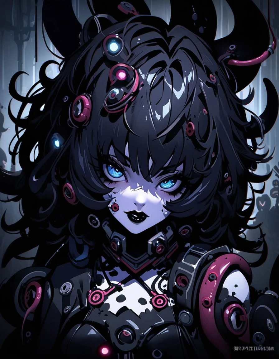 (dark biopunk art), (tentacle biopunk atmosphere), (biopunk girl), goth girl, pale skin, (long dark hair), messy hair, black lipstick, (dark lighting), many shadows, cold lights, biopunk art