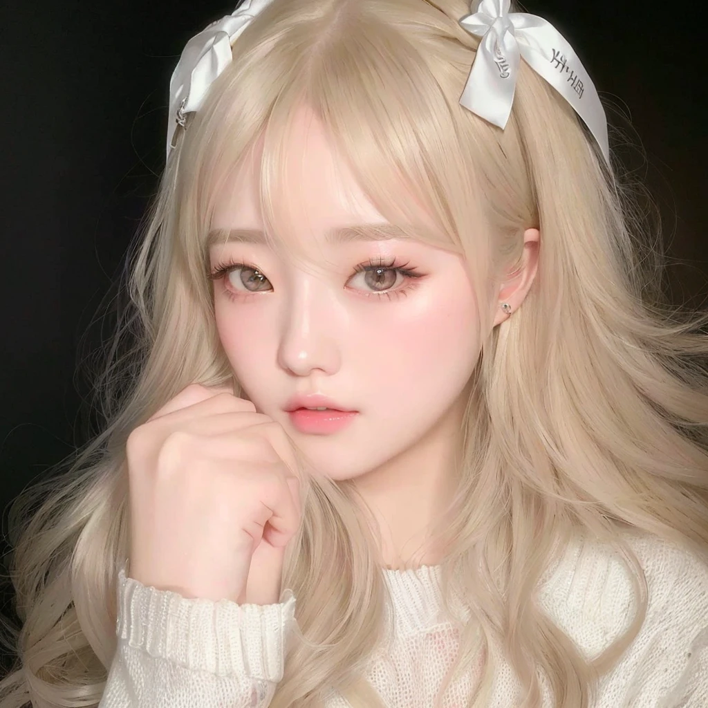 Blonde Shuhua with a white bow and a white sweater, pelo largo y rubio y ojos grandes, Lalisa Manobal, linda cara de anime natural, long cabello rubio y ojos grandes, ulzzang, bella delfina, cabello rubio y ojos grandes, retrato realista kawaii, linda chica kawaii, peinado de corte hime blanco, peinado kawaii, pelo largo y blanco y flequillo, Shuhua de g idle