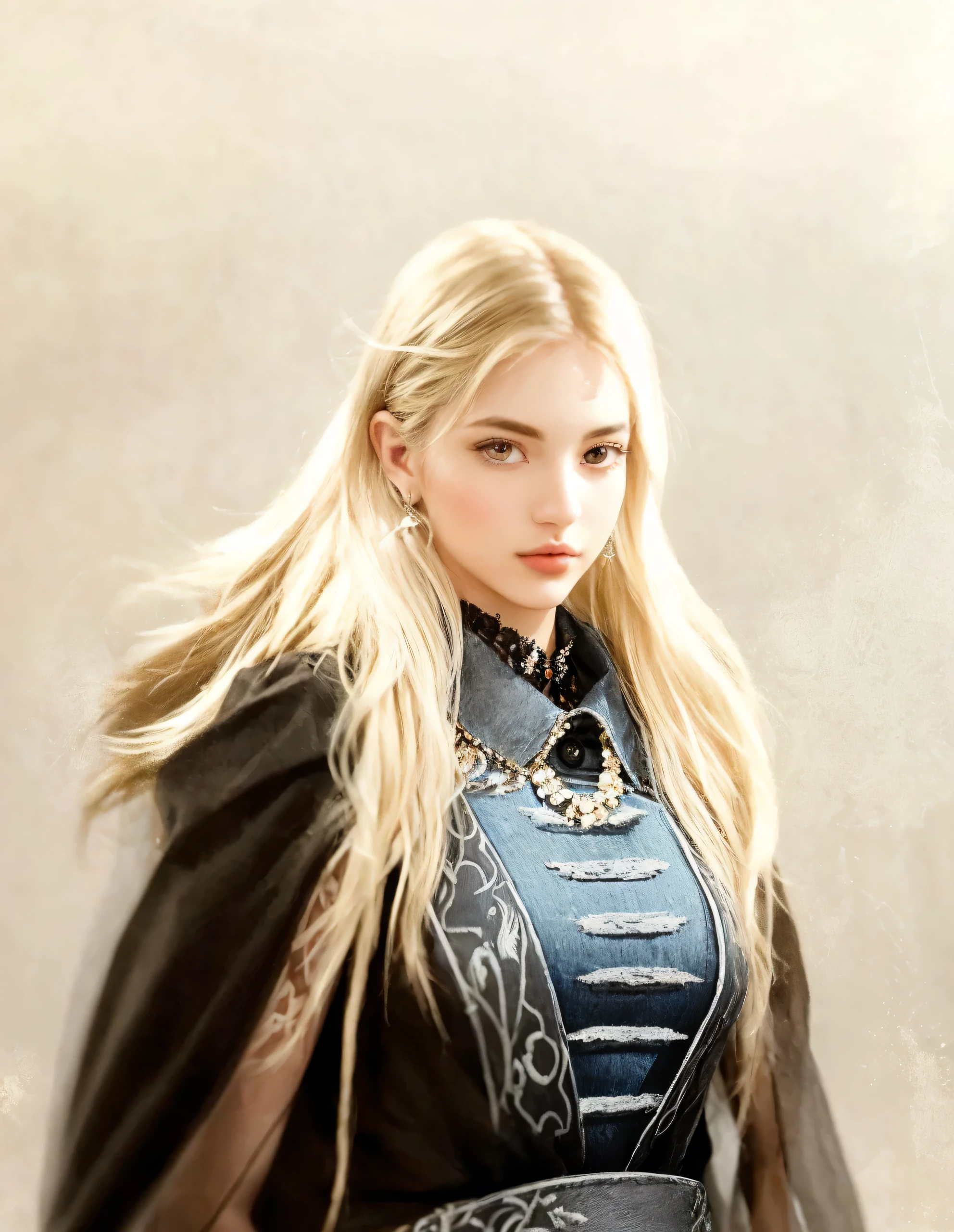 A stunningly lifelike portrait captures a 26-year-old fashion model girl with blue eyes and beautiful European features. She is adorned in a high-end fashion outfit, set against a dramatic background. The image, exudes cinematic colors and a photographic style. Every detail of her appearance is meticulously executed, showcasing her elegance and allure. The overall composition is a true masterpiece, elevating the beauty and sophistication.
