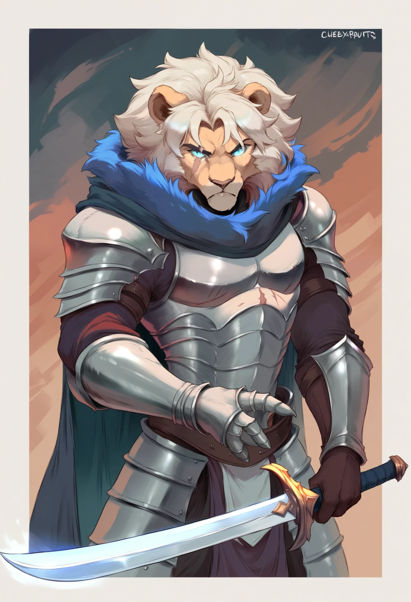 cutesexyrobutts style, 1boy, weapon, male_focus, sword, white_hair, holding, short_hair, blue_eyes, scar, holding_weapon, scar_on_face, gloves, glowing, cape, armor, looking_at_viewer, holding_sword, closed_mouth, fur_trim, scar_across_eye, glowing_eyes, border, lion, teeth, animal, solo