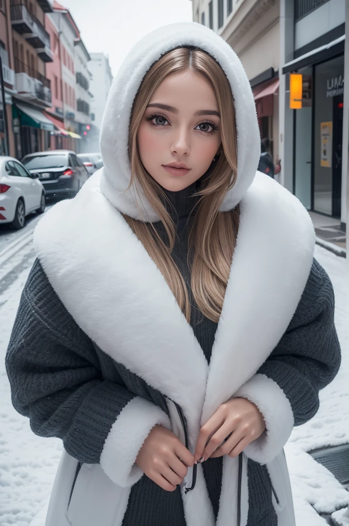 fotografia profissional de uma linda garota norueguesa em roupas de inverno com cabelos loiros longos e ondulados, olhar sensual e sedutor, beautiful symmetrical face, linda maquiagem natural, wearing elegante warm winter fashion clothing, ((parado do lado de fora na rua nevada da cidade)), impressionante ambiente urbano moderno, ultra realistic, arte conceitual, elegante, altamente detalhado, intricado, sharp focus, profundidade de campo, f/1. 8, 85mm, medium shot, meio do tiro, (((professional color grading))), luz difusa suave e brilhante, (volumetric fog), Trends on Instagram, hd 4k, 8K