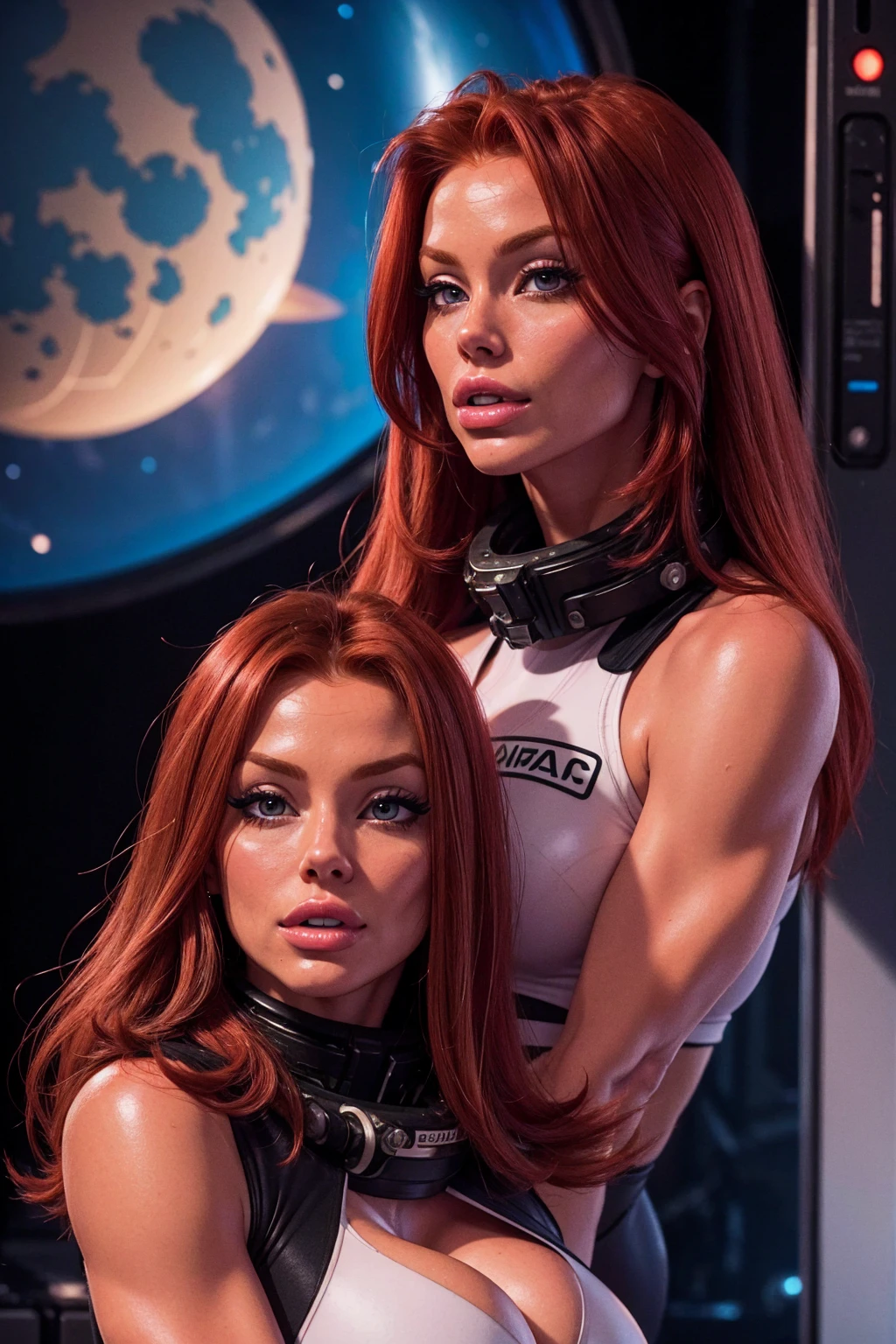 red-haired woman, space station