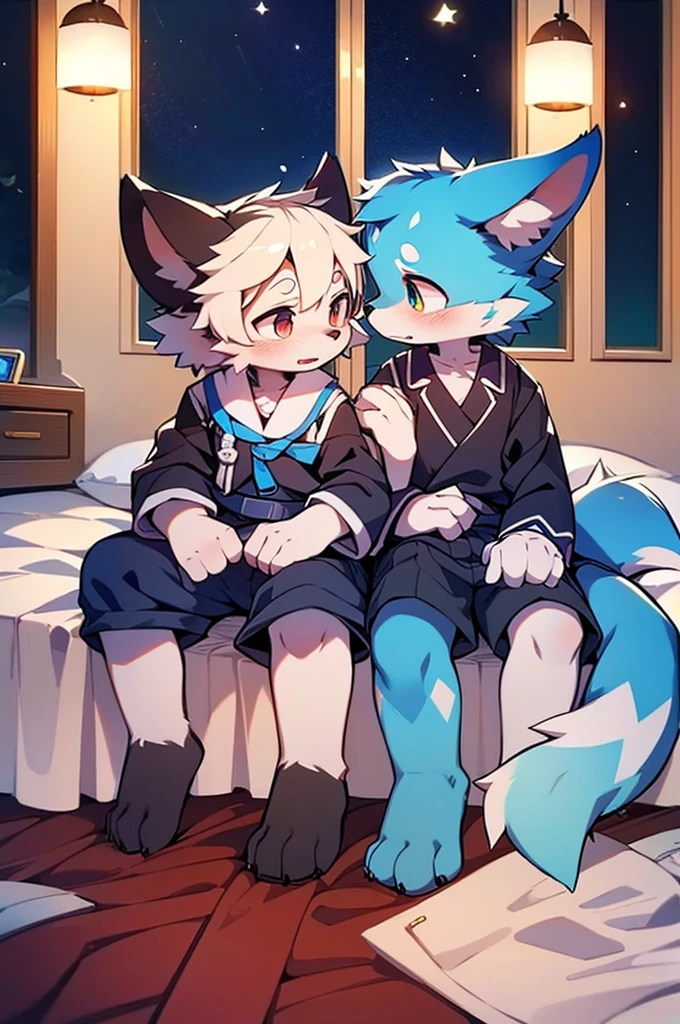 Blue fur, Canine, fox motif, Couple of girls and boys, uniform、Hand in hand,They both cry,bed,night,sit,