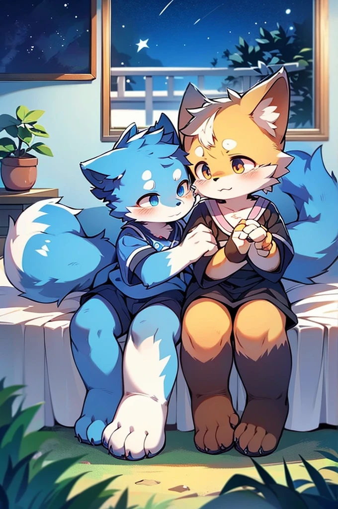 Blue fur, Canine, fox motif, Couple of girls and boys, uniform、Hand in hand,They both cry,bed,night,sit,