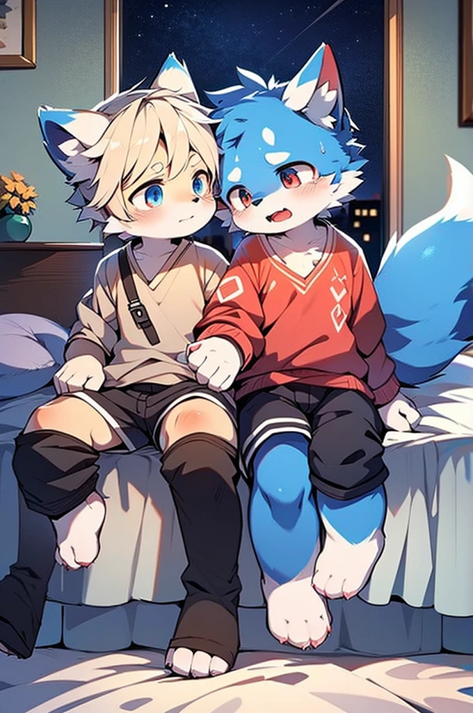 Blue fur, Canine, fox motif, Couple of girls and boys, uniform、Hand in hand，They both cry，bed，night，sit，