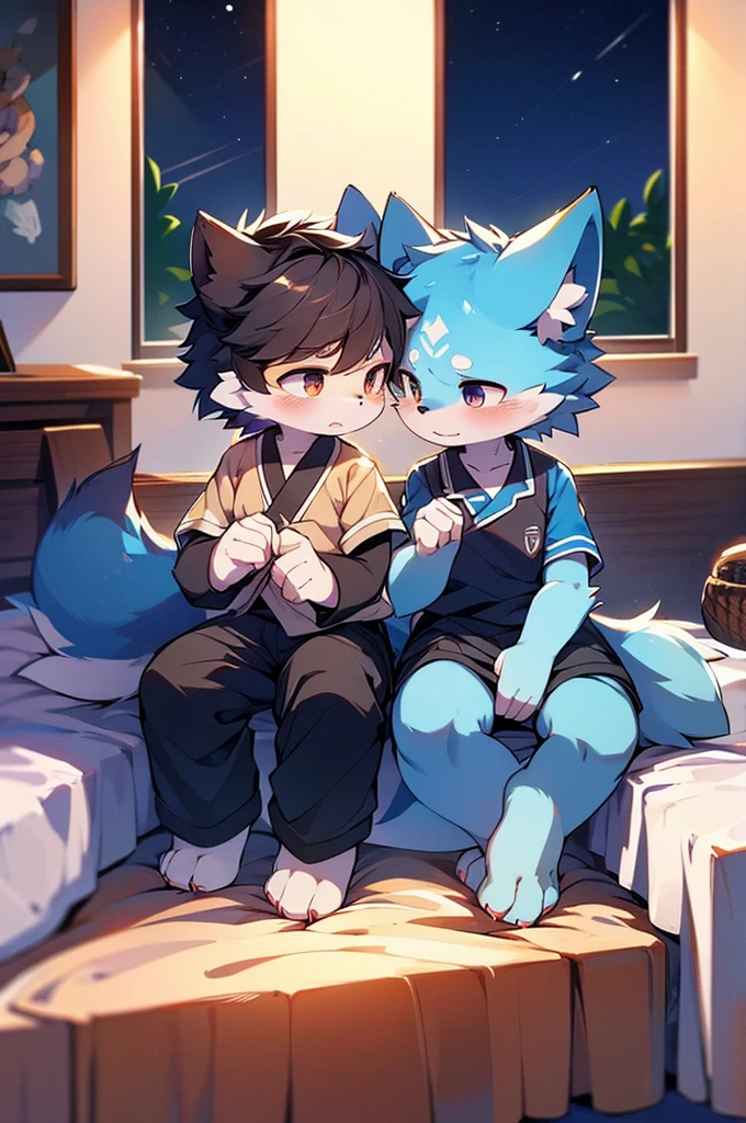 Blue fur, Canine, fox motif, Couple of girls and boys, uniform、Hand in hand，They both cry，bed，night，sit，