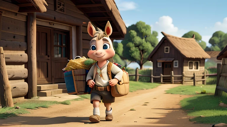 a donkey named Bento, with bright eyes and a brave expression, carrying bags of straw in the middle of the village