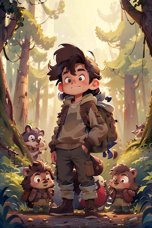 BOY, long eyelashes, mischievous grin, very tousled brown tousled long hair, Brown sweatshirt, brown military trousers with patch pockets, massive high infantry boots, backpack, curiosity, big brown eyes, in forests, raccoon and hedgehog,  8K, Super Detail, accurate, Best quality, masterpiece, high detail