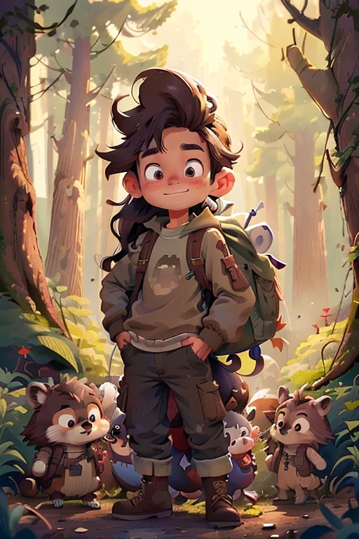 BOY, long eyelashes, mischievous grin, very tousled brown tousled long hair, Brown sweatshirt, brown military trousers with patch pockets, massive high infantry boots, backpack, curiosity, big brown eyes, in forests, raccoon and hedgehog,  8K, Super Detail, accurate, Best quality, masterpiece, high detail