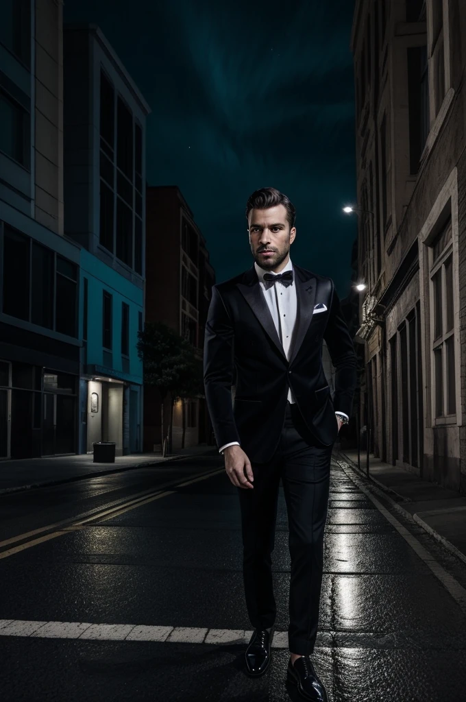 a stock foto image of a elegant man in a street. the street is very luxury, the sky is dramatic and of neon colors. full body shot